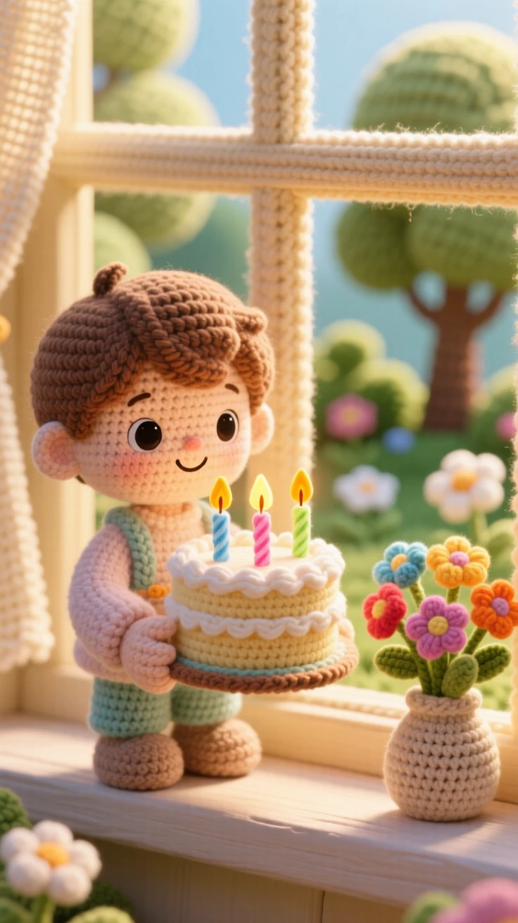 A tender everyday moment: a small boy carefully carrying a birthday cake with candles already lit, walking slowly toward the table inside a sunlit windowsill overlooking a garden; a small vase of fresh garden flowers completes the scene, full of quiet, unhurried domestic peace.