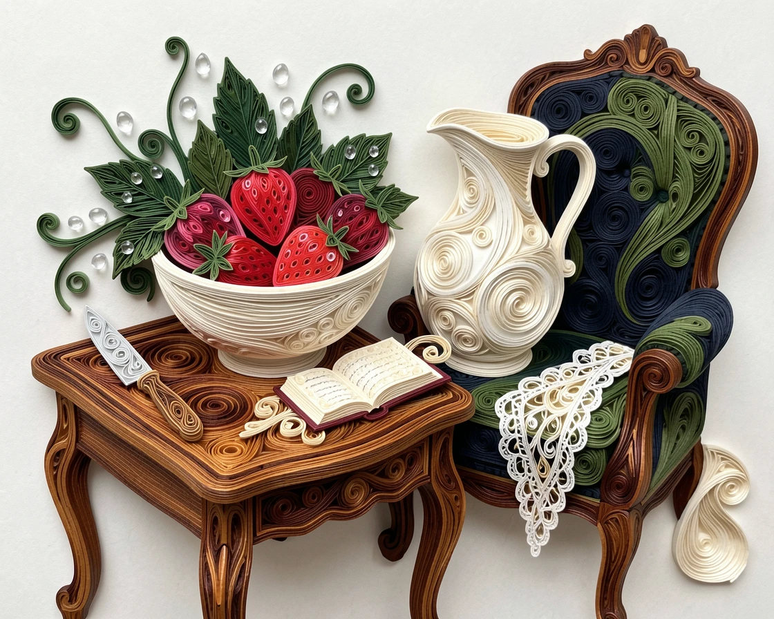 a bowl of fresh strawberries beside a jug of cream, on an antique side table beside a reading chair, arranged with complementary props scattered around, with glistening droplets of morning dew.