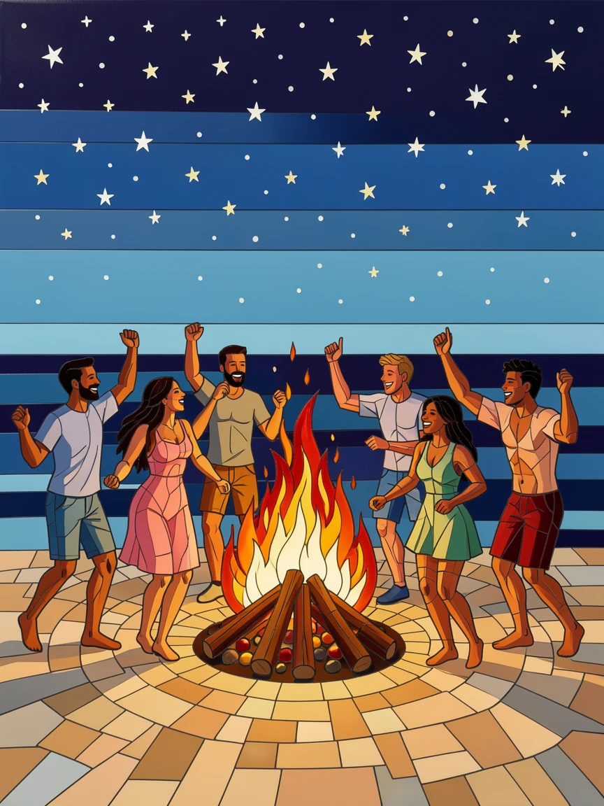 A summer beach bonfire party with friends dancing under the stars.