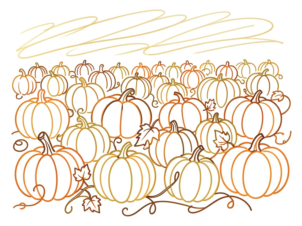 An autumn pumpkin patch with rows of orange gourds under a golden sky.