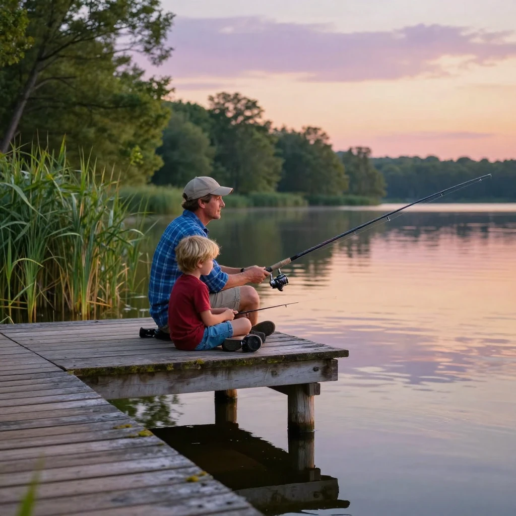 A father and son fishing quietly from a wooden pier