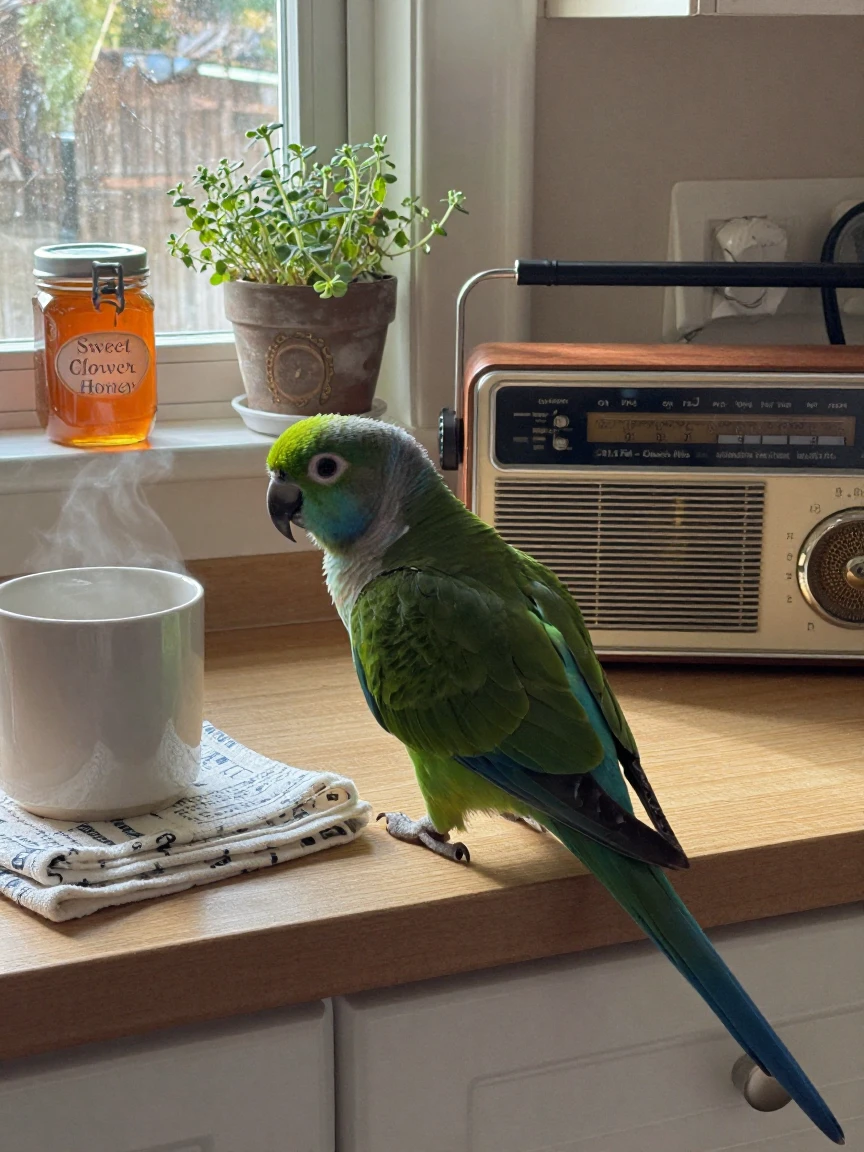 A parrot bobs its head along to music playing from a kitchen radio.