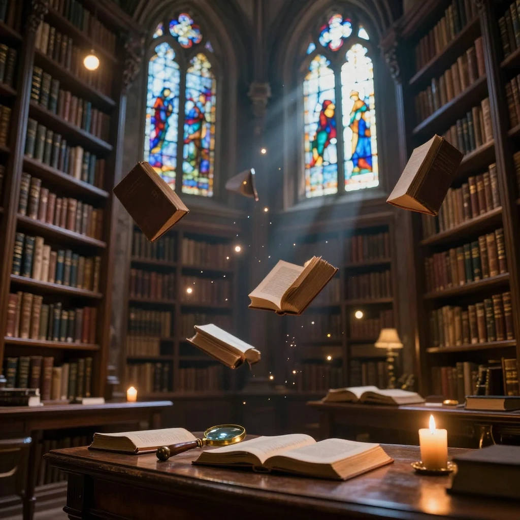 A magical library with floating books and drifting glowing orbs of light