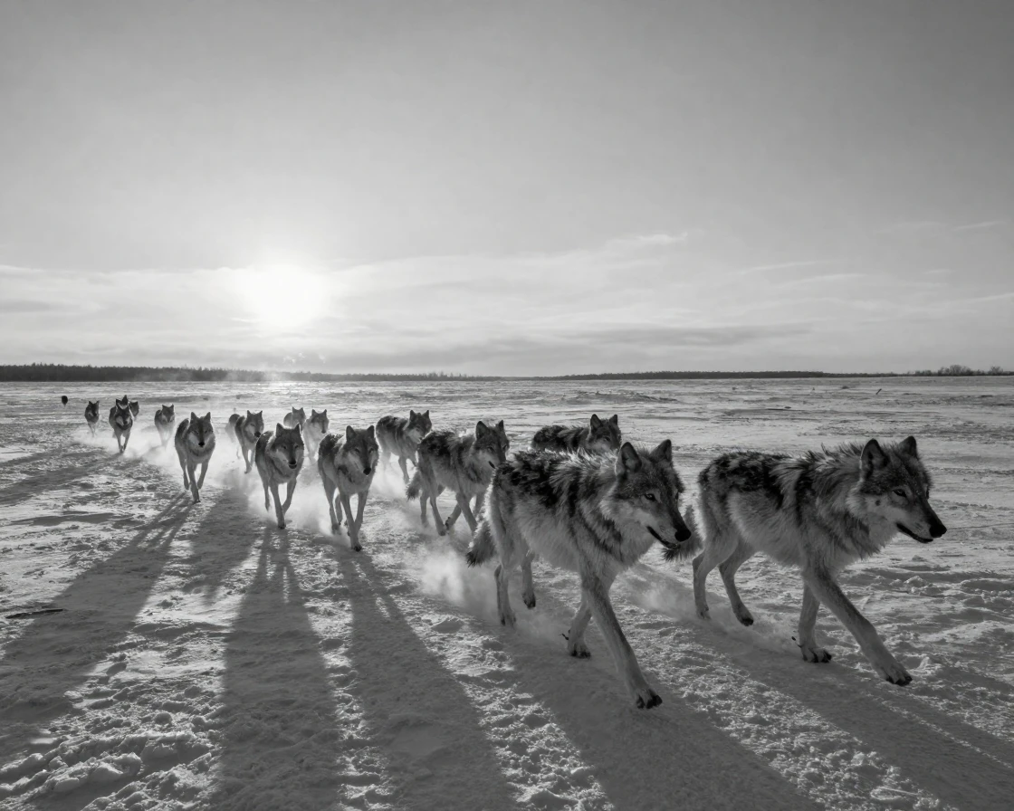 A pack of arctic wolves hunts across a frozen plain beneath a pale winter sun.
