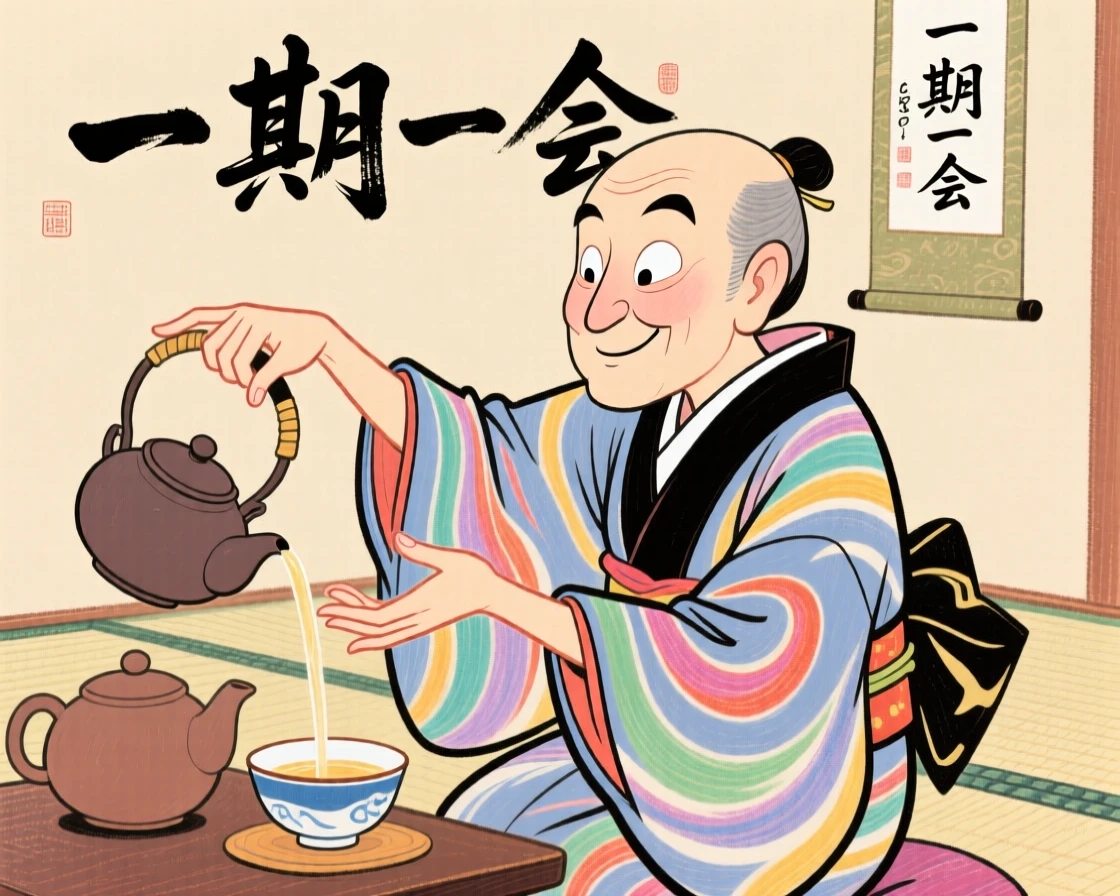 A tea ceremony master pouring tea with slow, deliberate, graceful movements.