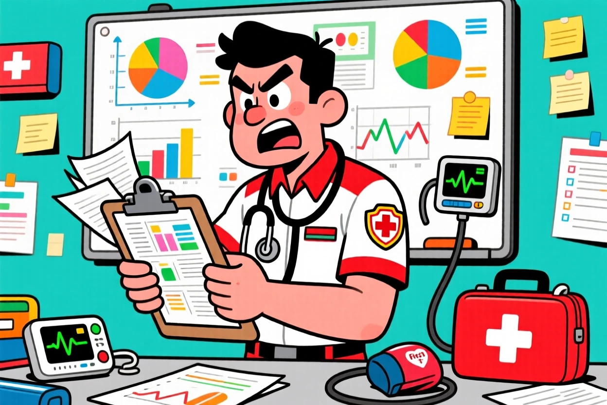 A vibrant profession-themed portrait of a tireless paramedic carefully double-checking every last detail, surrounded by charts, gadgets, and paperwork.