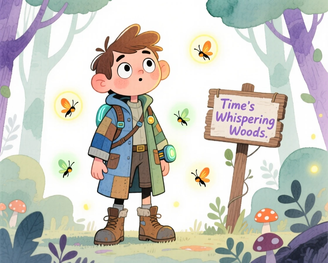 A time-traveling adventurer surrounded by glowing fireflies in an enchanted forest