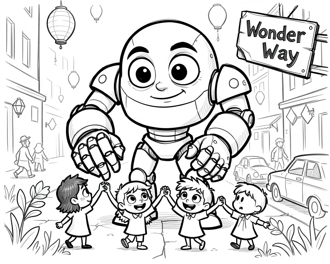 [Fantasy & Imaginative Scenarios] Imaginative fantasy scene of a giant robot gently helping children cross a busy street, brimming with wonder
