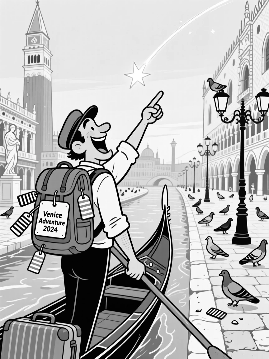 A gondolier singing enthusiastically down a canal, pointing excitedly at a shooting star, set in a grand historic plaza filled with pigeons. Luggage tags flutter from an overstuffed backpack. There's a light, adventurous spirit running through the moment.