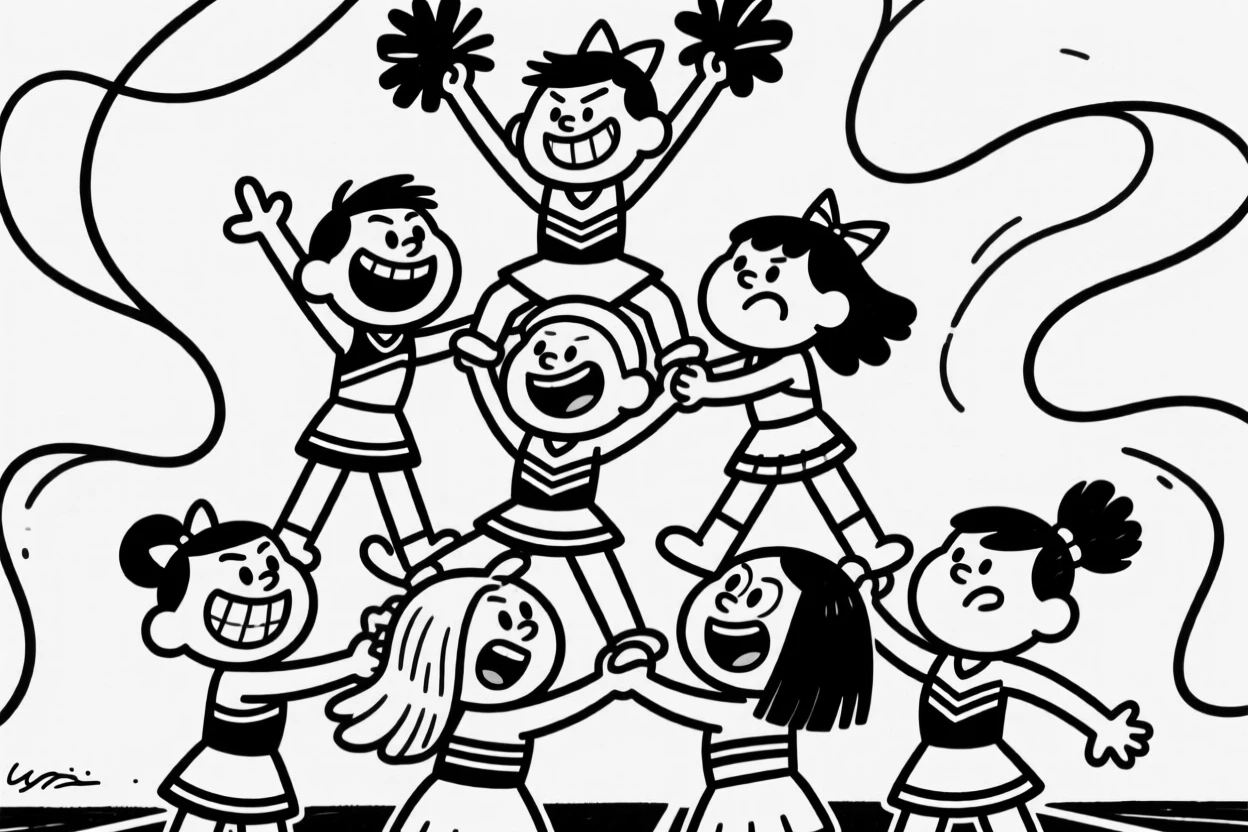 A cheerleading squad forming a triumphant human pyramid at halftime.