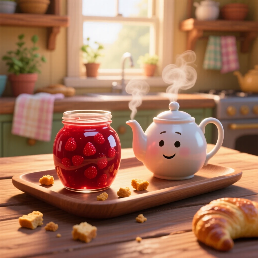 A jar of homemade strawberry jam sits on a tray beside a steaming teapot, with a few crumbs scattered artfully around. The mood is festive and appetizing.
