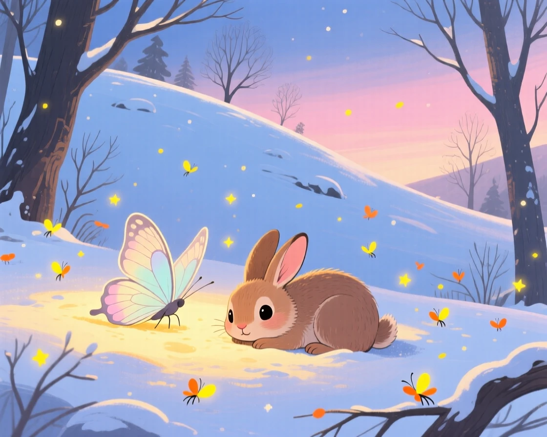 Near a snow-covered hill, a delicate butterfly is napping in a patch of sunlight alongside a small woodland friend, while fireflies begin to glow.