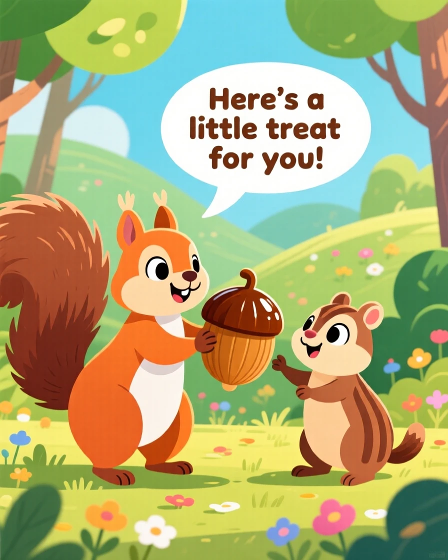 A squirrel offering an acorn to a curious chipmunk.