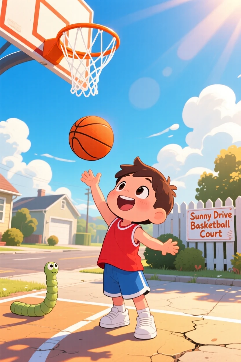 Worm's-eye view of a small boy, shooting a basketball toward a hoop, in a sunny driveway court, beneath fluffy drifting clouds, illuminated by soft golden-hour sunlight, radiating giggling amusement.