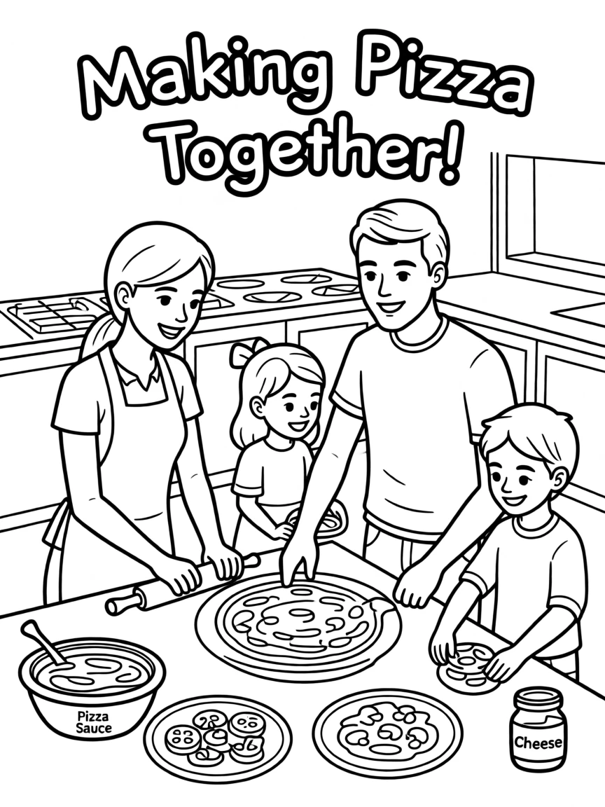 A family making homemade pizza together in the kitchen
