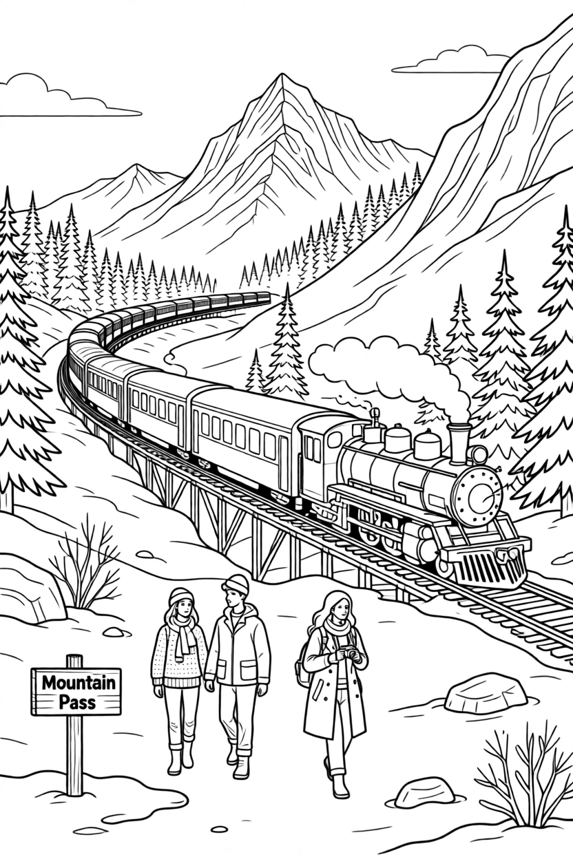 A train cutting through a snowy mountain pass, with locals and travelers strolling nearby.