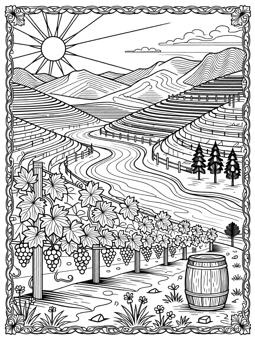 A hillside vineyard overlooking a winding river valley.