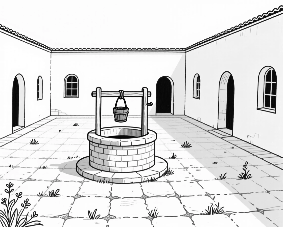 A quiet monastery courtyard with a central well