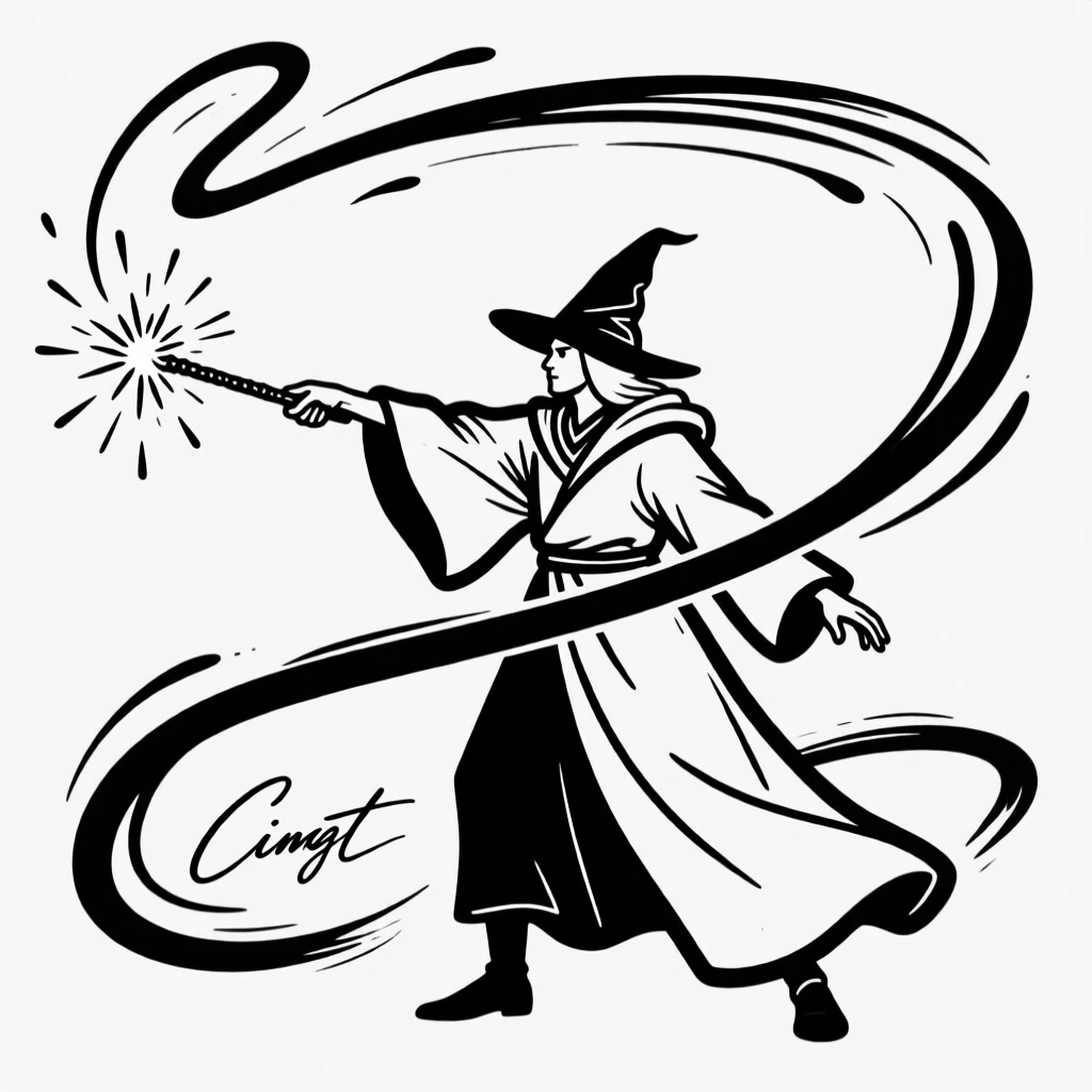 A wizard casting a spell, sparks of magic swirling from an outstretched staff.