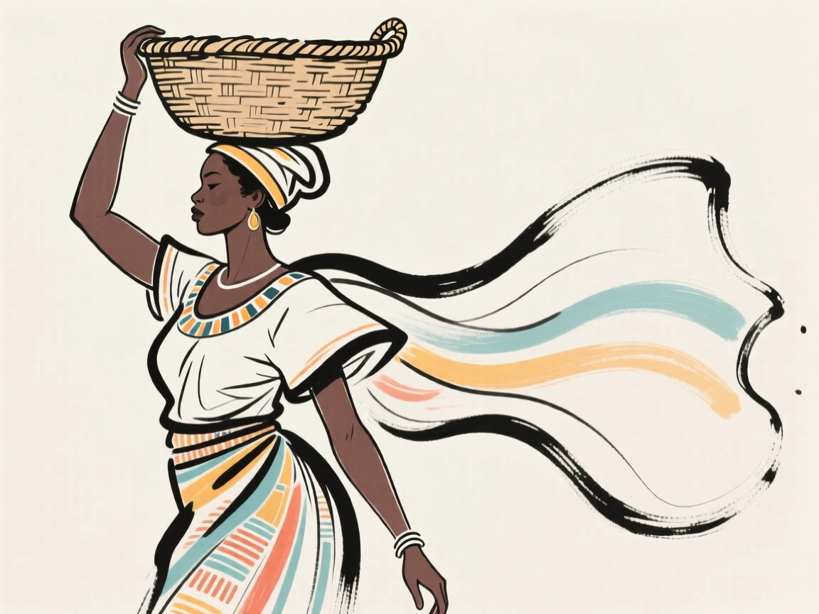 A woman in traditional African dress carrying a woven basket on her head.