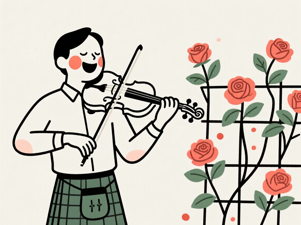 A violinist of scottish heritage mid-performance, laughing with eyes closed, beside a blooming rose trellis.