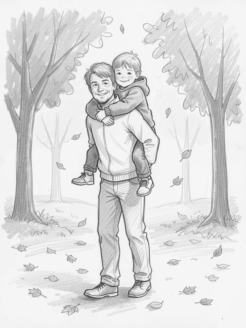 A heartwarming family moment: siblings sharing a piggyback ride on a golden autumn afternoon, glowing with quiet joy.