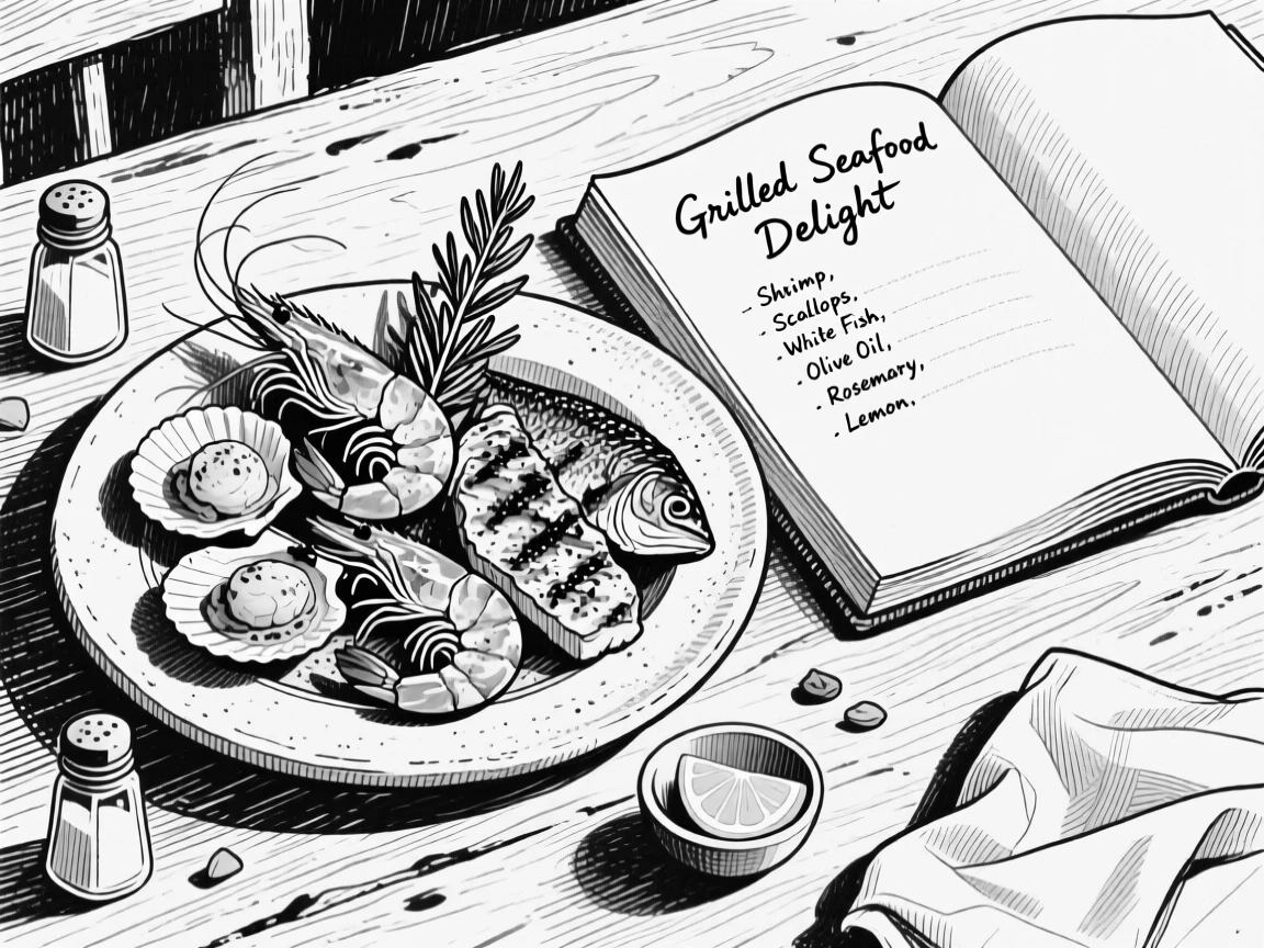 A plate of grilled seafood placed beside an open cookbook, with a sprig of herbs used as garnish, presented in a rustic and homely culinary still life.