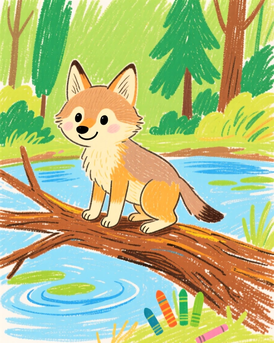 A coyote pup perched on a fallen branch beside a forest pond.