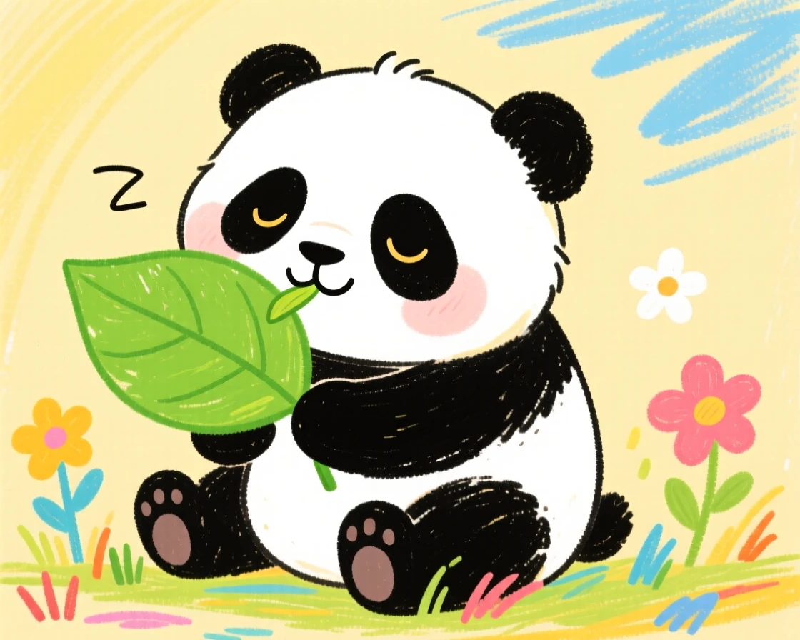 A sleepy panda cub nibbling on a fresh green leaf.