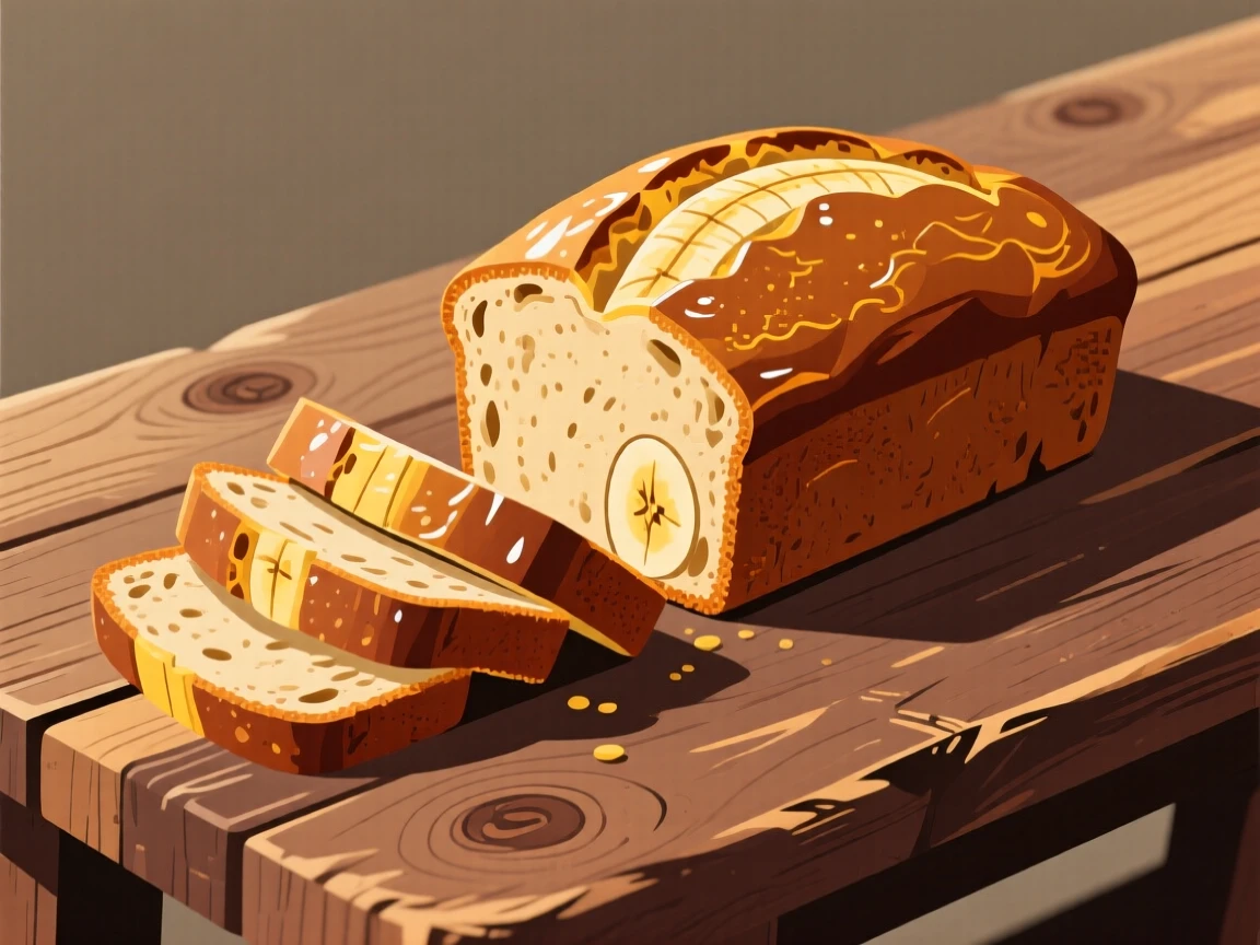 A rustic loaf of banana bread sliced and served warm, set on a rustic wooden table, shown from a slight angle to highlight layers, with glossy highlights that make the dish look freshly made.