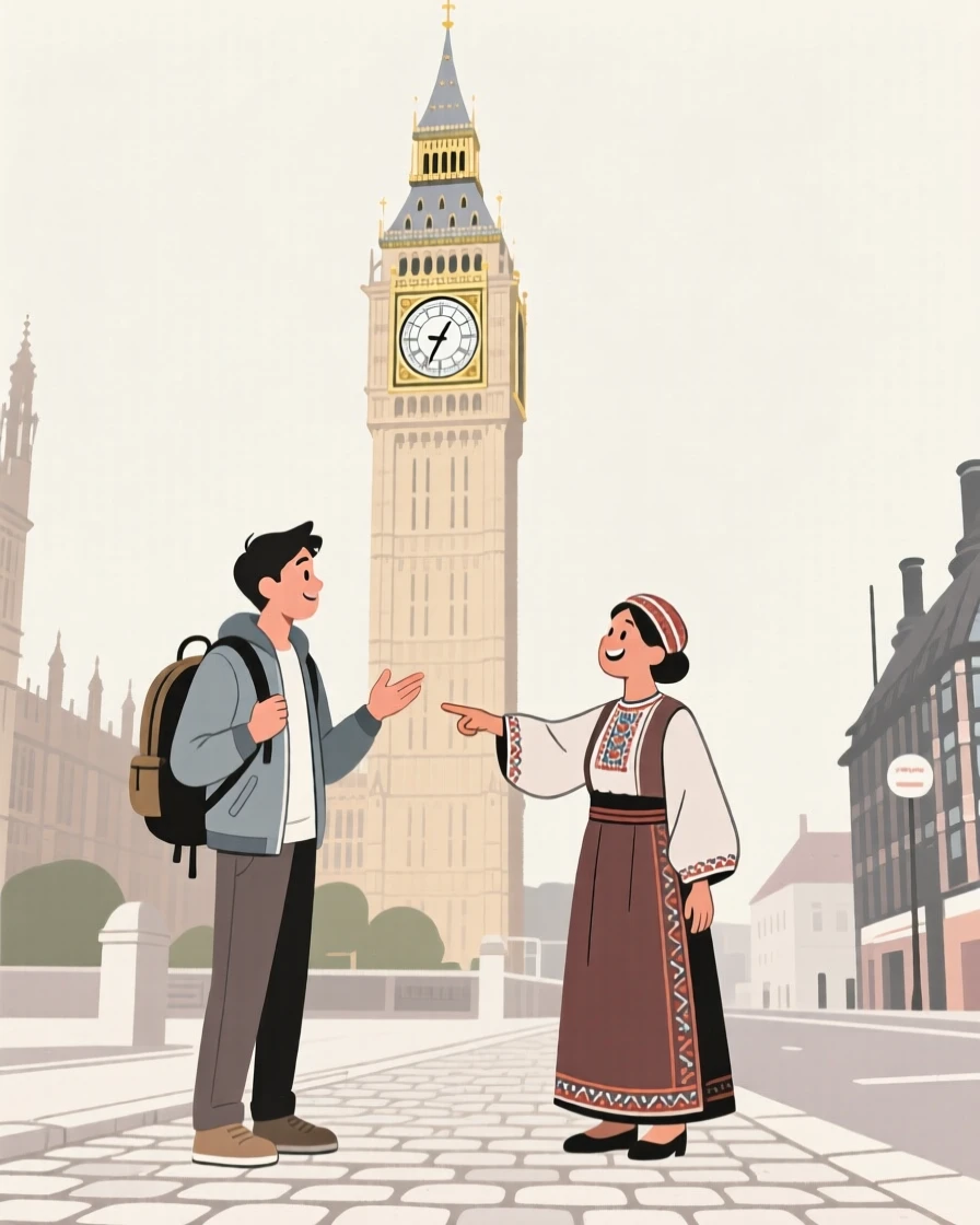 A traveler chatting with a local near a famous clock tower.
