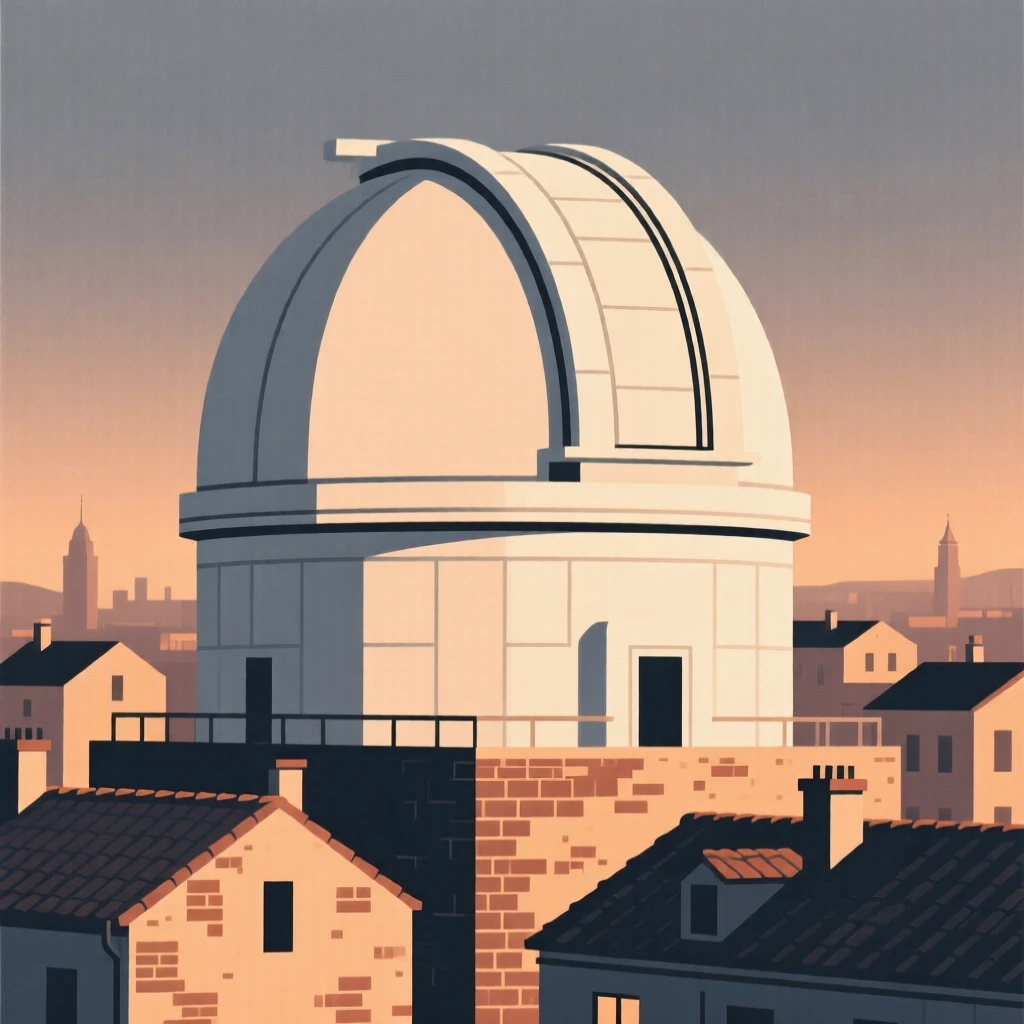 A domed observatory, striking and prominent, stands in a historic old town, surrounded by warm evening light, expressing modern clarity.
