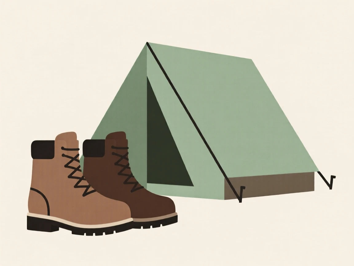 A pair of hiking boots by a tent