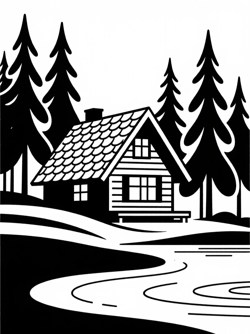 A lakeside chalet surrounded by pine trees.