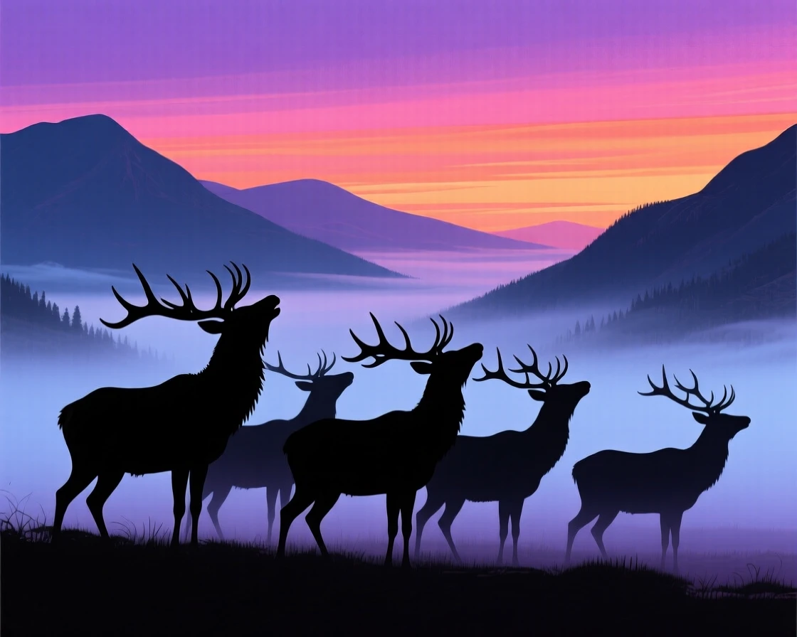 A herd of elk bugling at dusk in a misty mountain valley.