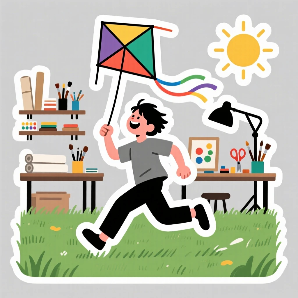A focused and joyful kite flyer running across a grassy field, fully immersed in the creative process, in a sunlit studio filled with supplies.