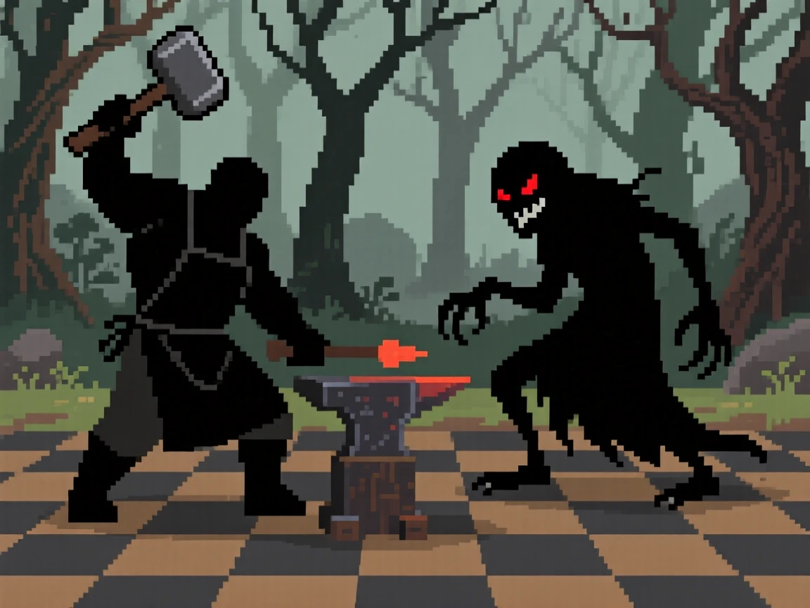 A village blacksmith battling a shadow creature in a haunted forest, on a checkerboard battlefield of tiles.