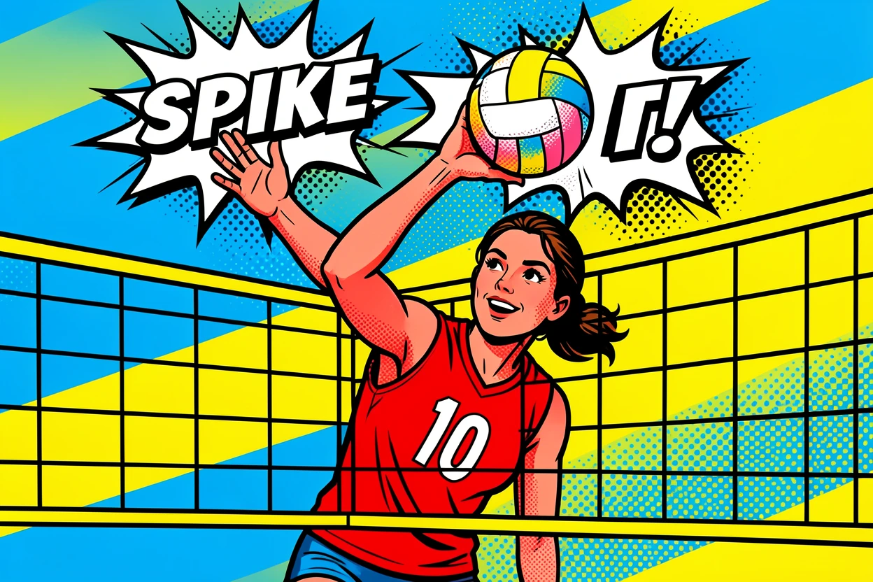A volleyball player spiking the ball at the net