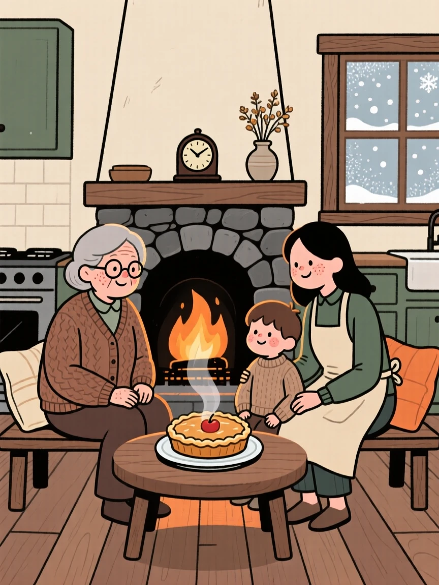 Three generations of a family gather around a fireplace hearth in the farmhouse kitchen, sharing a warm apple pie and stories as snow falls softly beyond the window.