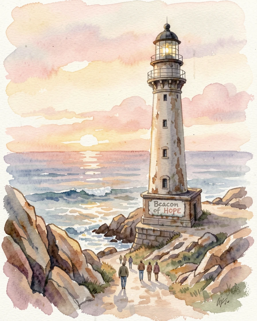 A grand old lighthouse on a rugged coastline at sunrise with travelers strolling along the path.