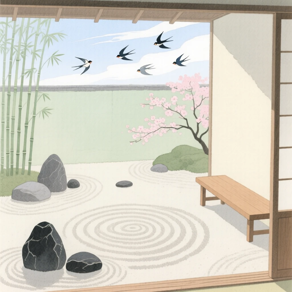 A serene view of a Zen garden courtyard, as birds glide silently overhead, evoking calm and quiet reflection