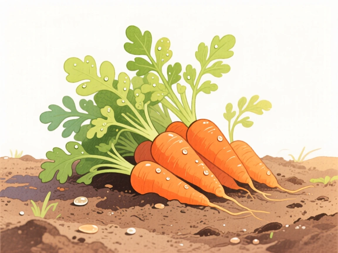 A bunch of carrots pulled fresh from the soil glistening with morning dew.