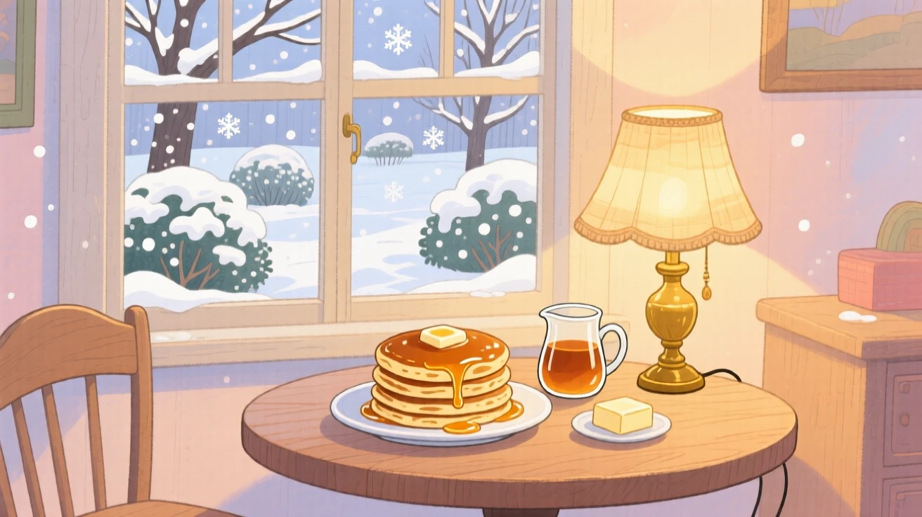 A breakfast nook overlooking a snowy garden, table set with pancakes and syrup, with soft golden lamplight glowing nearby, inspiring a nostalgic sense of home.