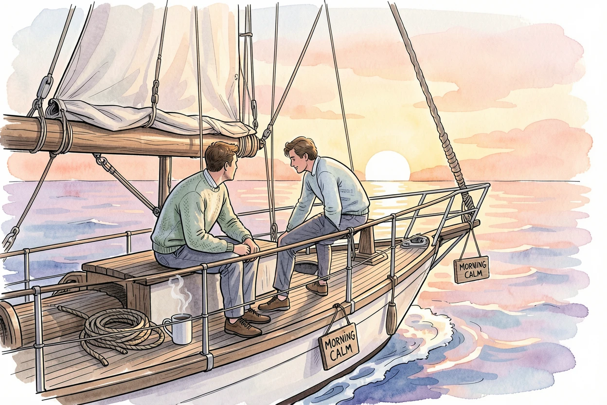 A couple watching the sunrise from the deck of a small sailboat, the everyday moment made memorable by its quiet sincerity.