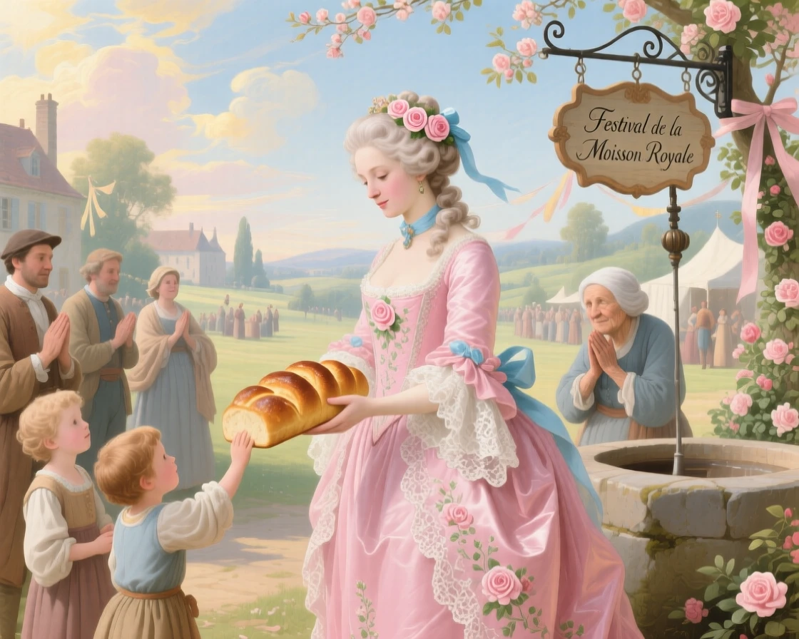 A queen sharing bread with villagers at a countryside festival  