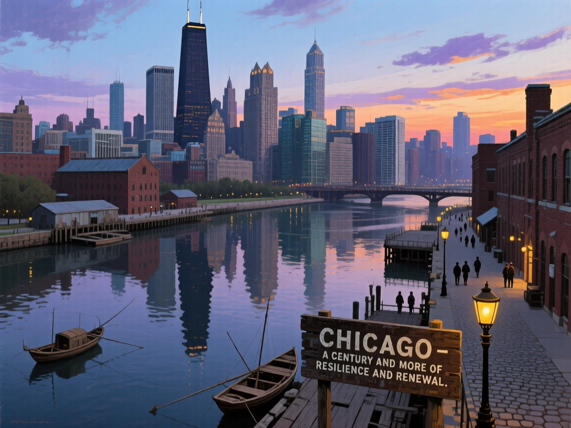 A dramatic aerial view of Chicago's skyline reflected in the river below, with centuries of history visible in every weathered detail, celebrating the architectural wonder and cultural richness of the location