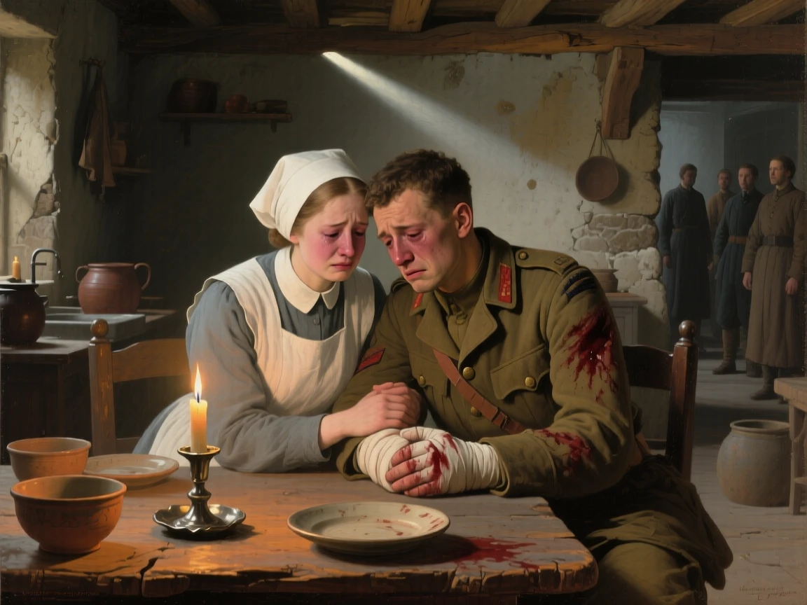 A nurse comforting a wounded soldier in a candlelit ward as tears and gratitude mix in equal measure, set at a rustic kitchen table set for an unexpected guest, with distant figures watching quietly from a respectful distance; diagonal light spills across the reunited figures, isolating them from the crowd, radiating hope restored after long hardship.