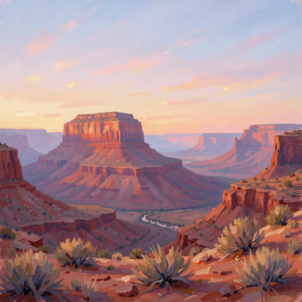 A high desert mesa at dusk, layered buttes glowing deep red as the last sunlight fades from the sky, as the first light of dawn breaks, conveying a feeling of romance and tranquility.