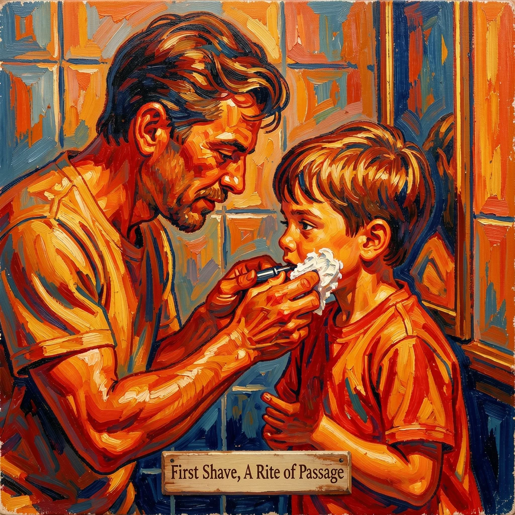 A father teaching his young son to shave, both leaning toward the bathroom mirror.