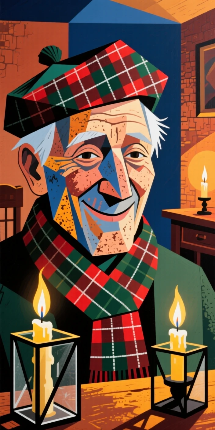 A tender close-up study of an elderly man of Scottish heritage smiling shyly, inside a cozy candlelit room.